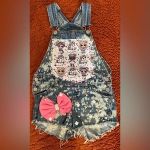 Old Navy Girls Unicorn & Dolls Custom Reverse Tie-Dye Overalls Size Small 6-7